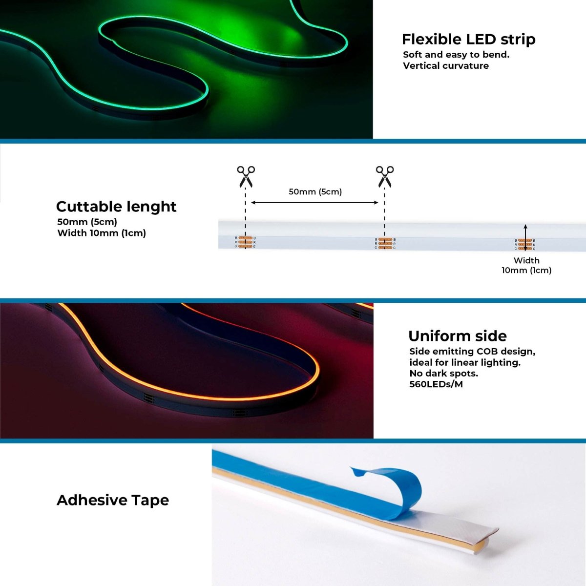 Tira LED COB 24V DC RGB - Emisión lateral - 12W/m - 10mm - IP20 - Corte c/ 5cm - Rollo de 5 metros - Barcelona Led-
