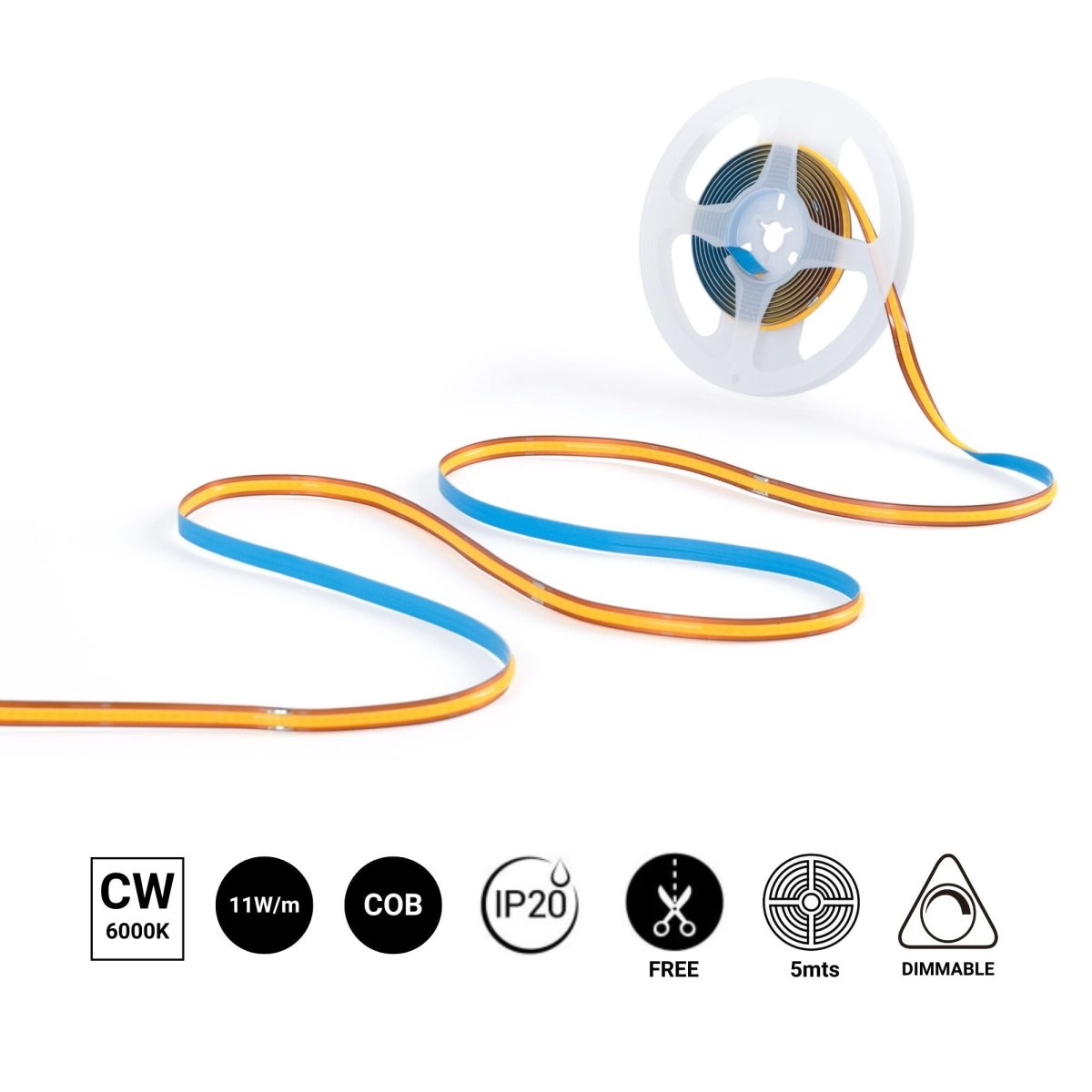Tira LED COB 24V DC -Monocolor - FREE CUT - 11W/m - 8mm - IP20 - Rollo de 5 metros - Barcelona Led-