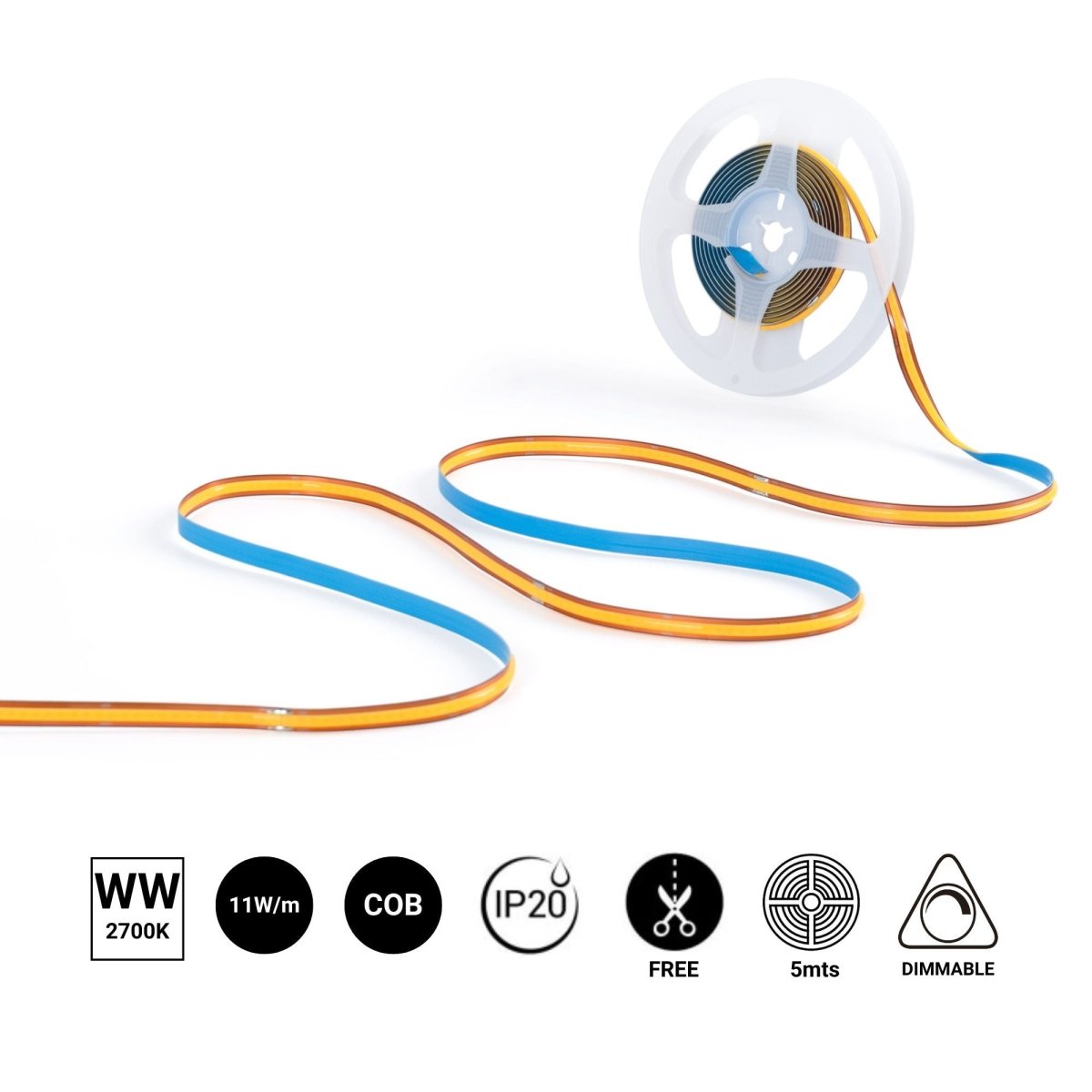 Tira LED COB 24V DC -Monocolor - FREE CUT - 11W/m - 8mm - IP20 - Rollo de 5 metros - Barcelona Led-