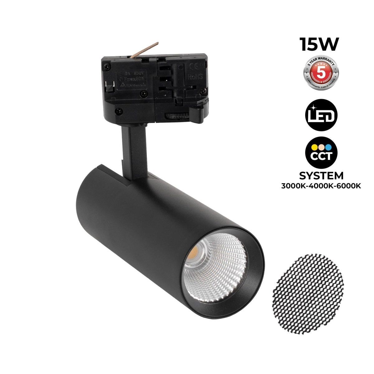 Proyector LED para carril trifásico 15W - CCT - CRI90 - 1350 lm - Barcelona Led-
