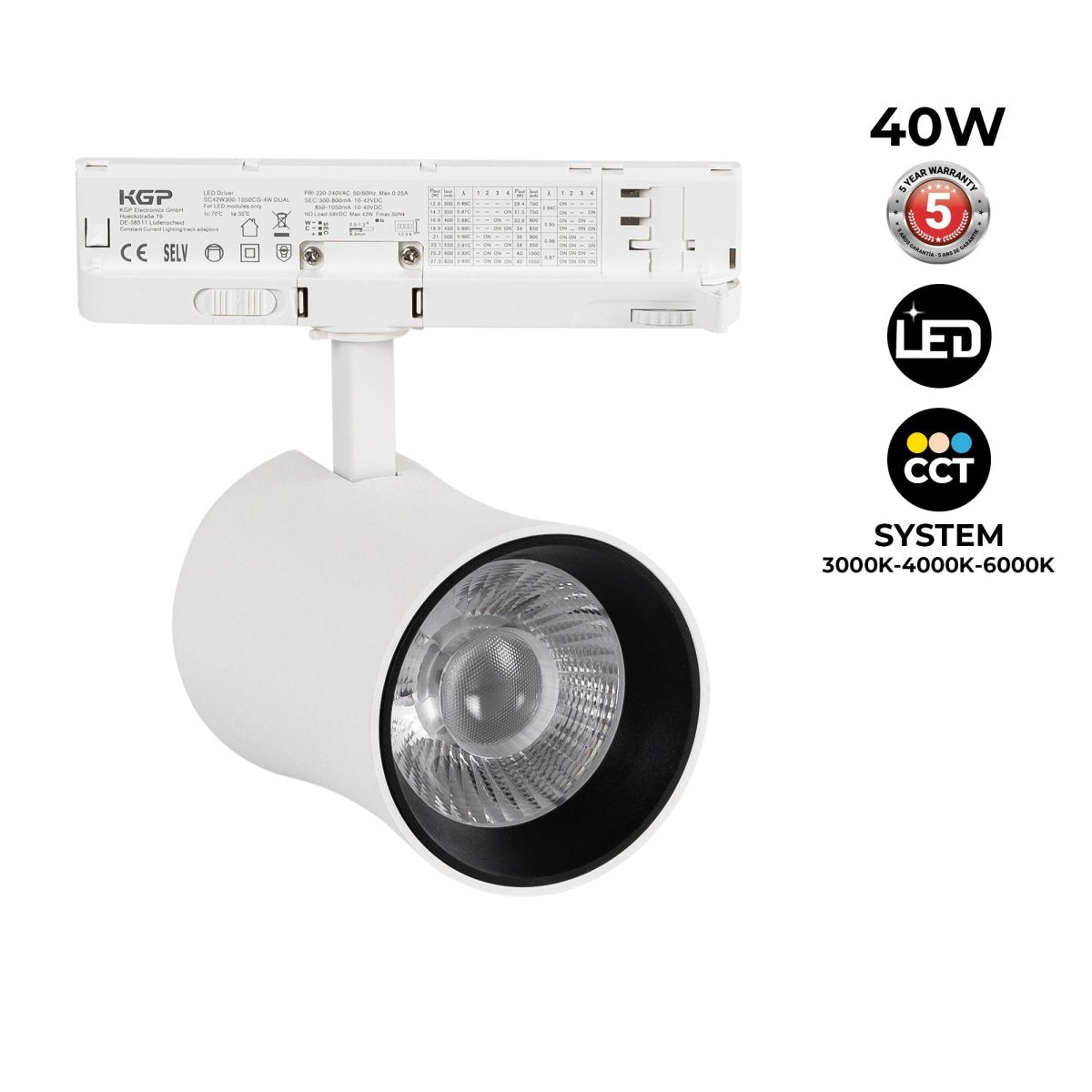 Proyector LED arquitectónico para carril trifásico CCT - 40W - CRI 90 - Driver KGP - Barcelona Led-