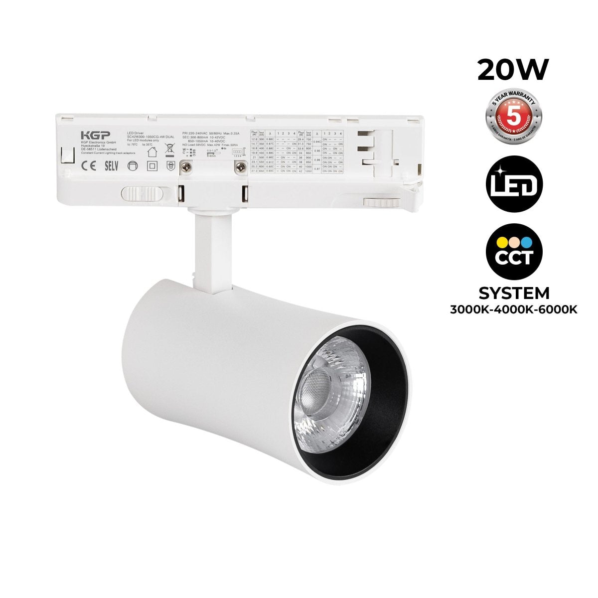Proyector LED arquitectónico para carril trifásico CCT - 20W - CRI 90 - Driver KGP - Barcelona Led-