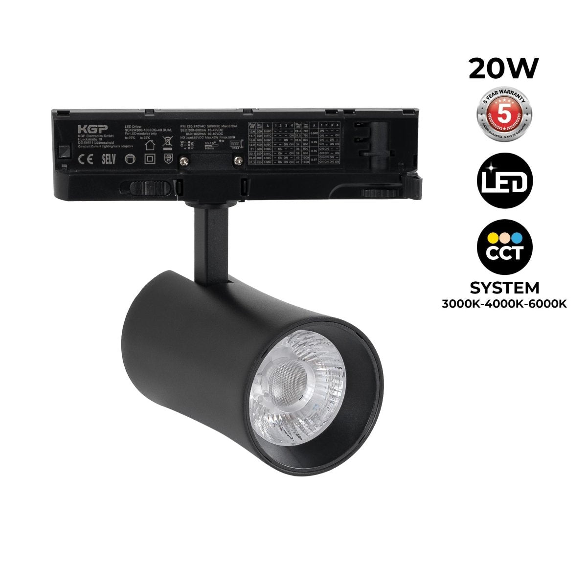Proyector LED arquitectónico para carril trifásico CCT - 20W - CRI 90 - Driver KGP - Barcelona Led-