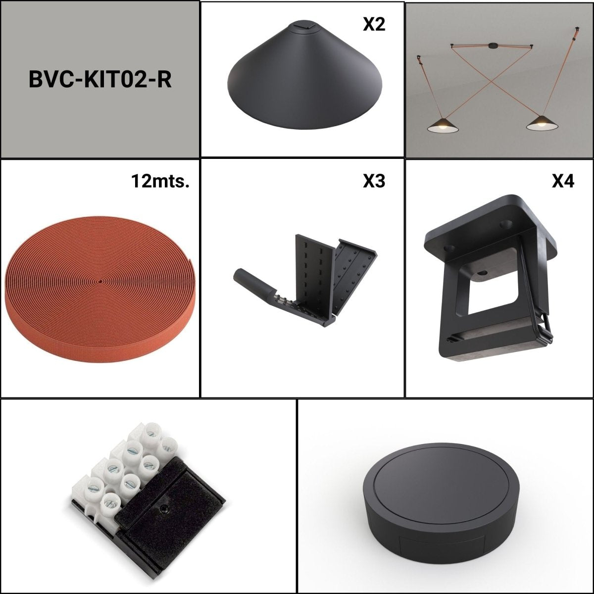 Lámpara cono configurable "Axia 2" - KIT 2 lámparas plato 12W + cinta textil eléctrica + accesorios - Barcelona Led-Decoración