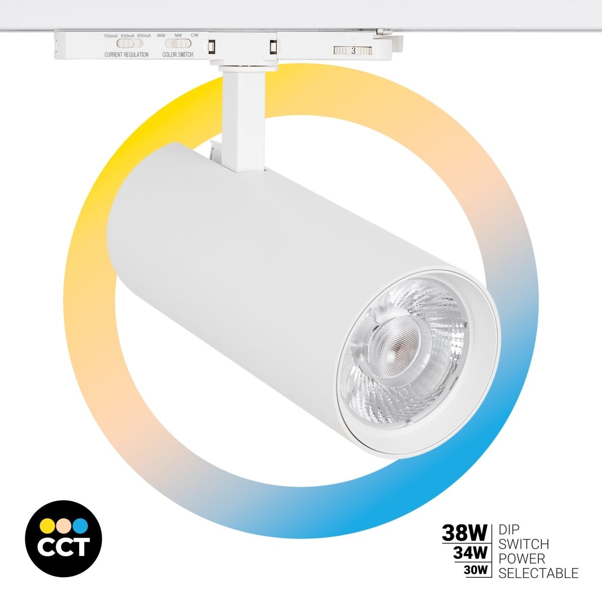 Proyector LED para carril trifásico - Potencia ajustable: 30W/ 34W/ 38W - CCT - CRI 90 - Barcelona Led-