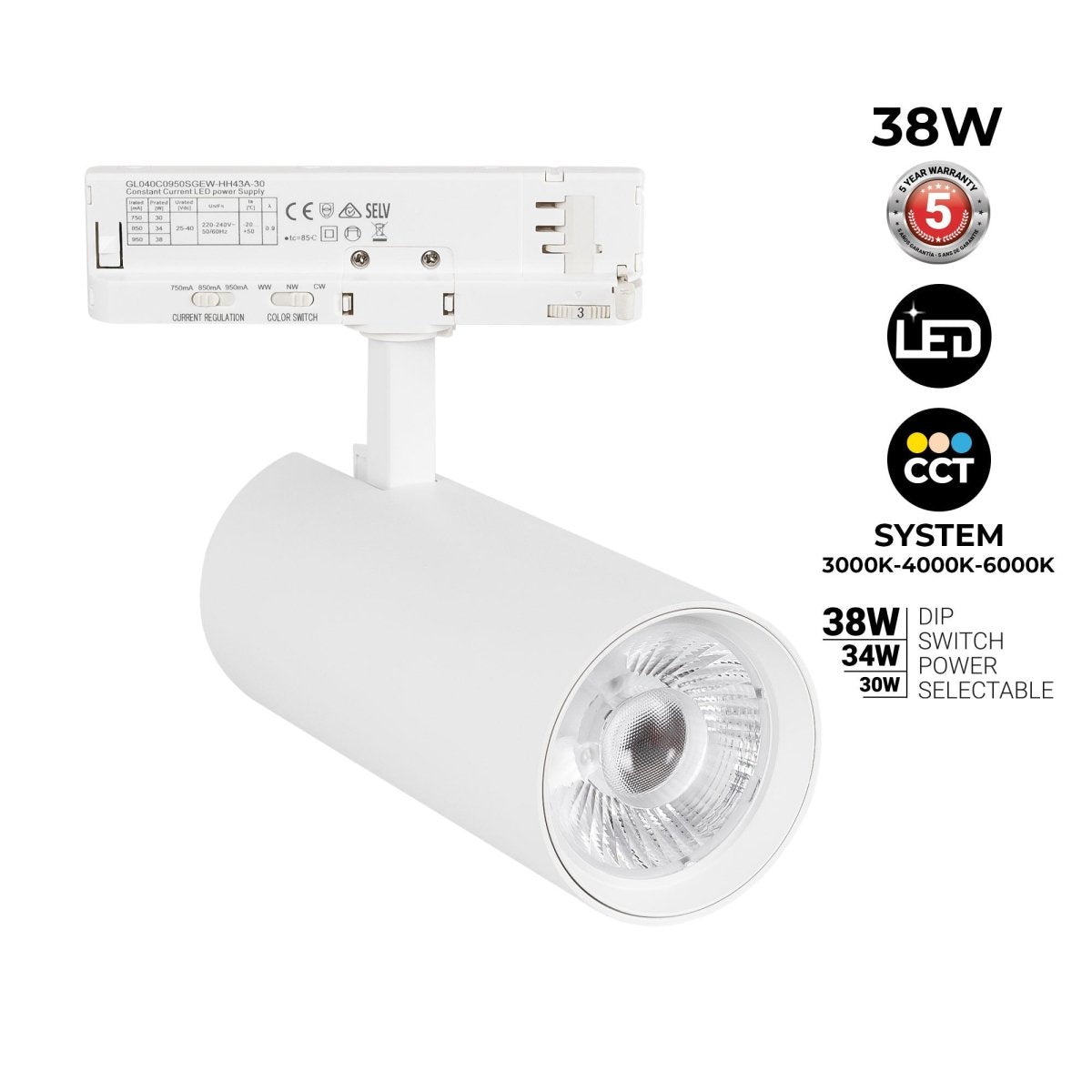 Proyector LED para carril trifásico - Potencia ajustable: 30W/ 34W/ 38W - CCT - CRI 90 - Barcelona Led-