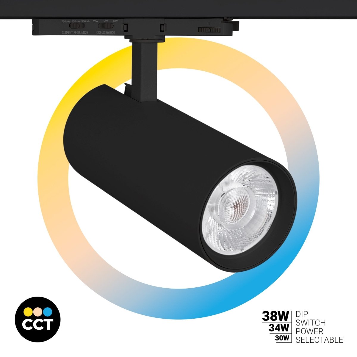 Proyector LED para carril trifásico - Potencia ajustable: 30W/ 34W/ 38W - CCT - CRI 90 - Barcelona Led-