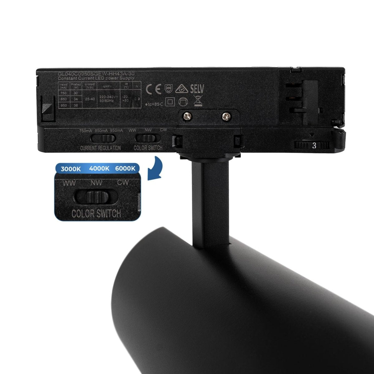 Proyector LED para carril trifásico - Potencia ajustable: 30W/ 34W/ 38W - CCT - CRI 90 - Barcelona Led-