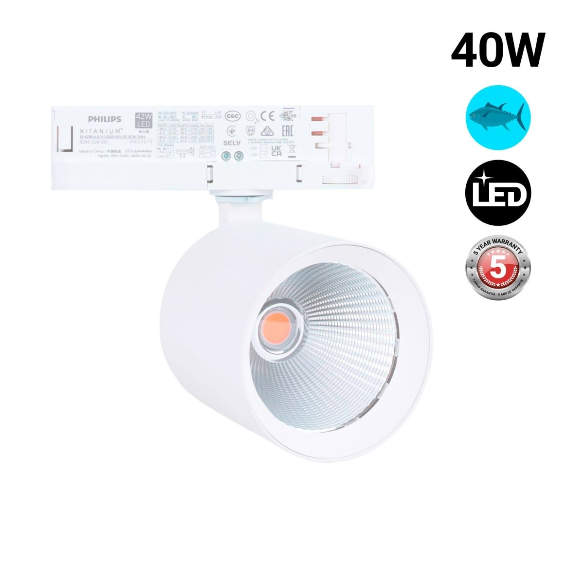 Proyector LED para carril trifásico 40W - Pescados y Mariscos - Driver Philips Xitanium - Barcelona Led-