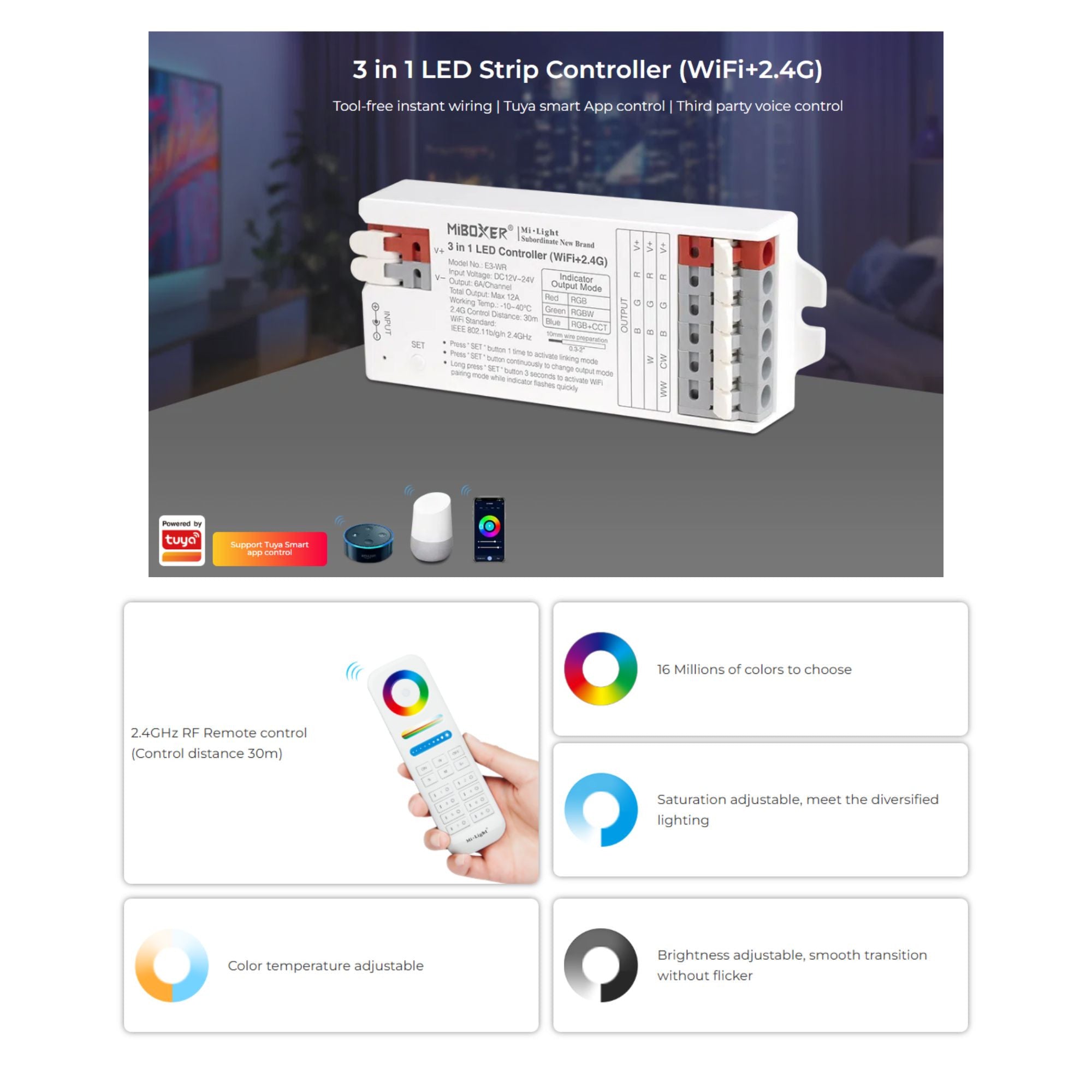 Controlador tira LED 3 en 1- RGB / RGBW / RGB+CCT - 12/24V DC - 2.4GHz+ WiFi - Mi Boxer - E3-WR (1)