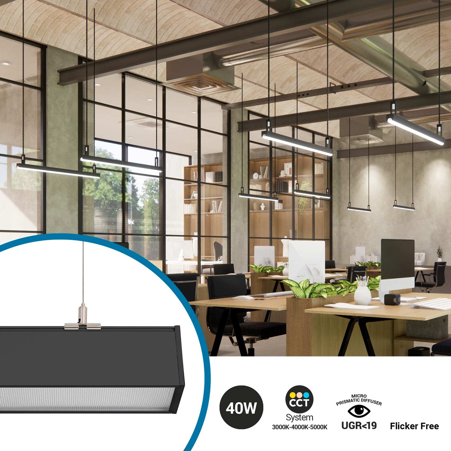 Luminaria lineal LED CCT - 40W - Suspensión / superficie - Potencia ajustable - 120cm (33)