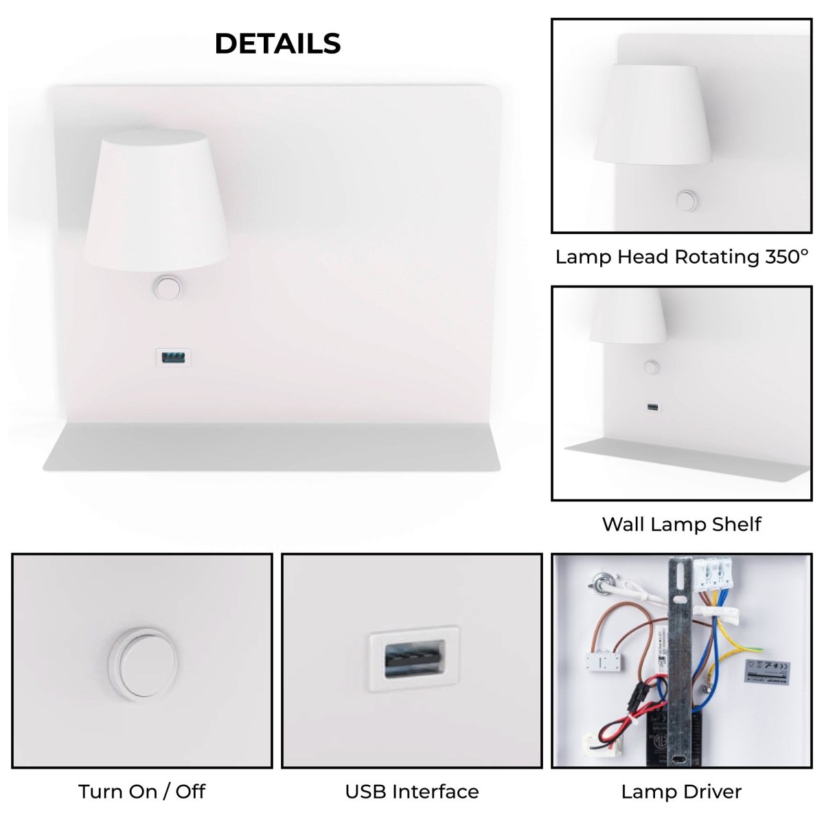 Aplique de pared para lectura con puerto USB "BASKOP" - 6W - Izquierda - Barcelona Led-Decoración
