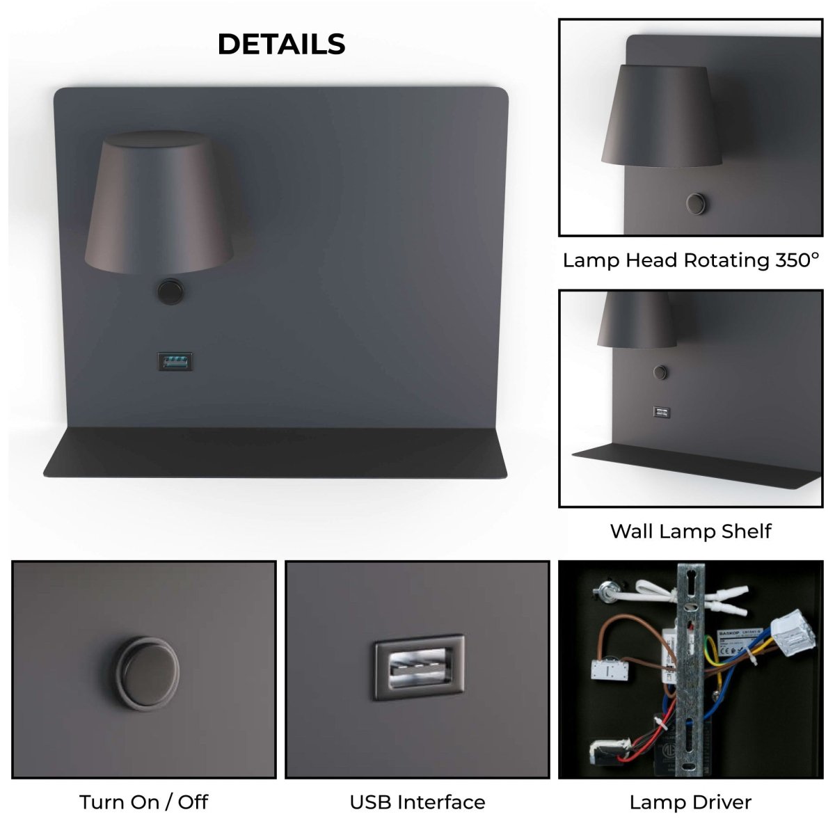 Aplique de pared para lectura con puerto USB "BASKOP" - 6W - Izquierda - Barcelona Led-Decoración