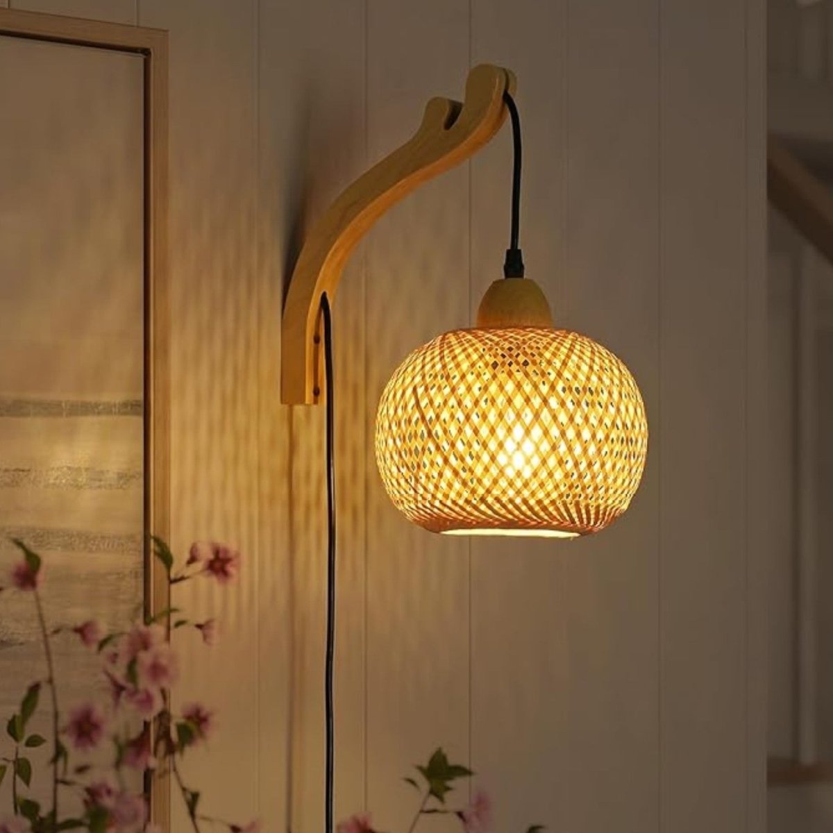 Aplique de pared de mimbre y madera "Phuket" - Con cable y enchufe - E27 - Barcelona Led-Decoración