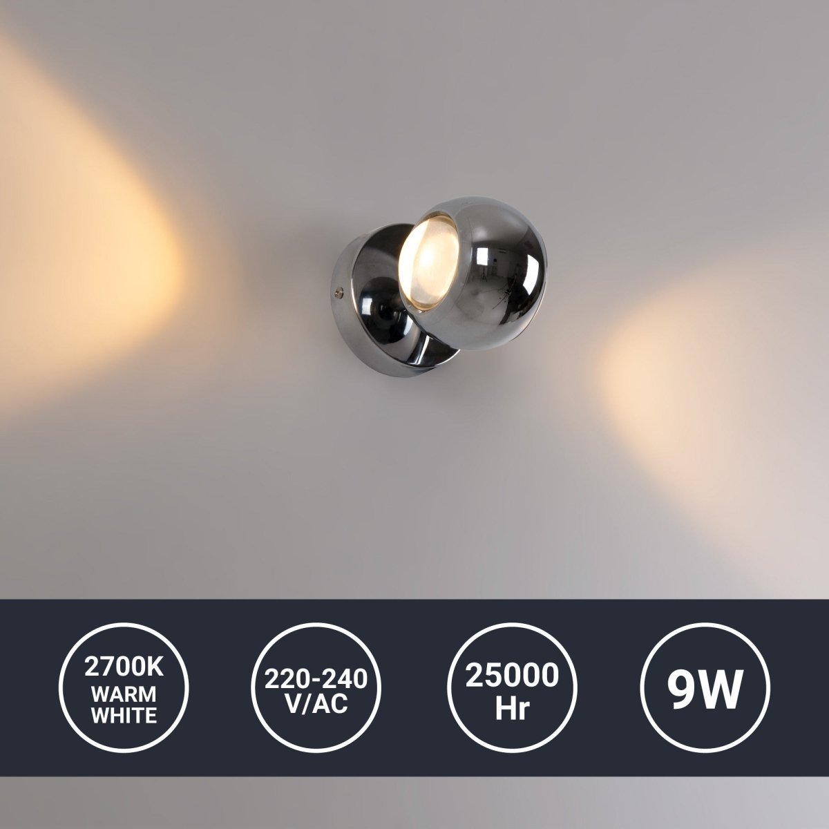 Aplique de pared LED con óptica "BOO" 9W - Cromo - Up & down - 2700K - Barcelona Led-Decoración