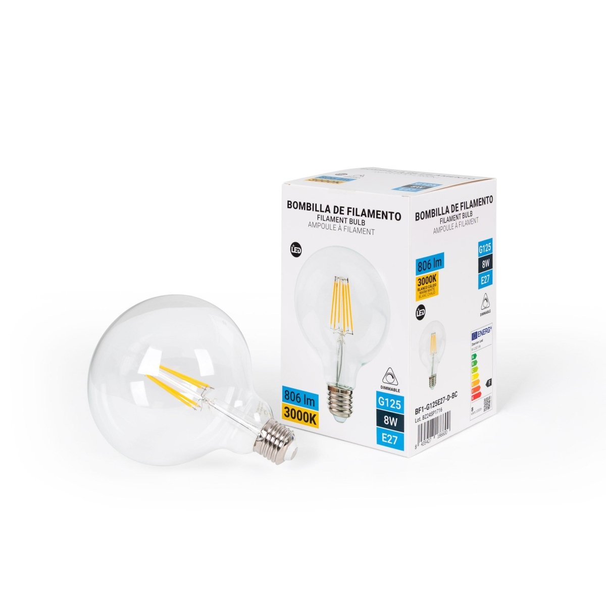 Bombilla LED globo filamento - E27 G125 - 8W - Regulable - Barcelona Led-