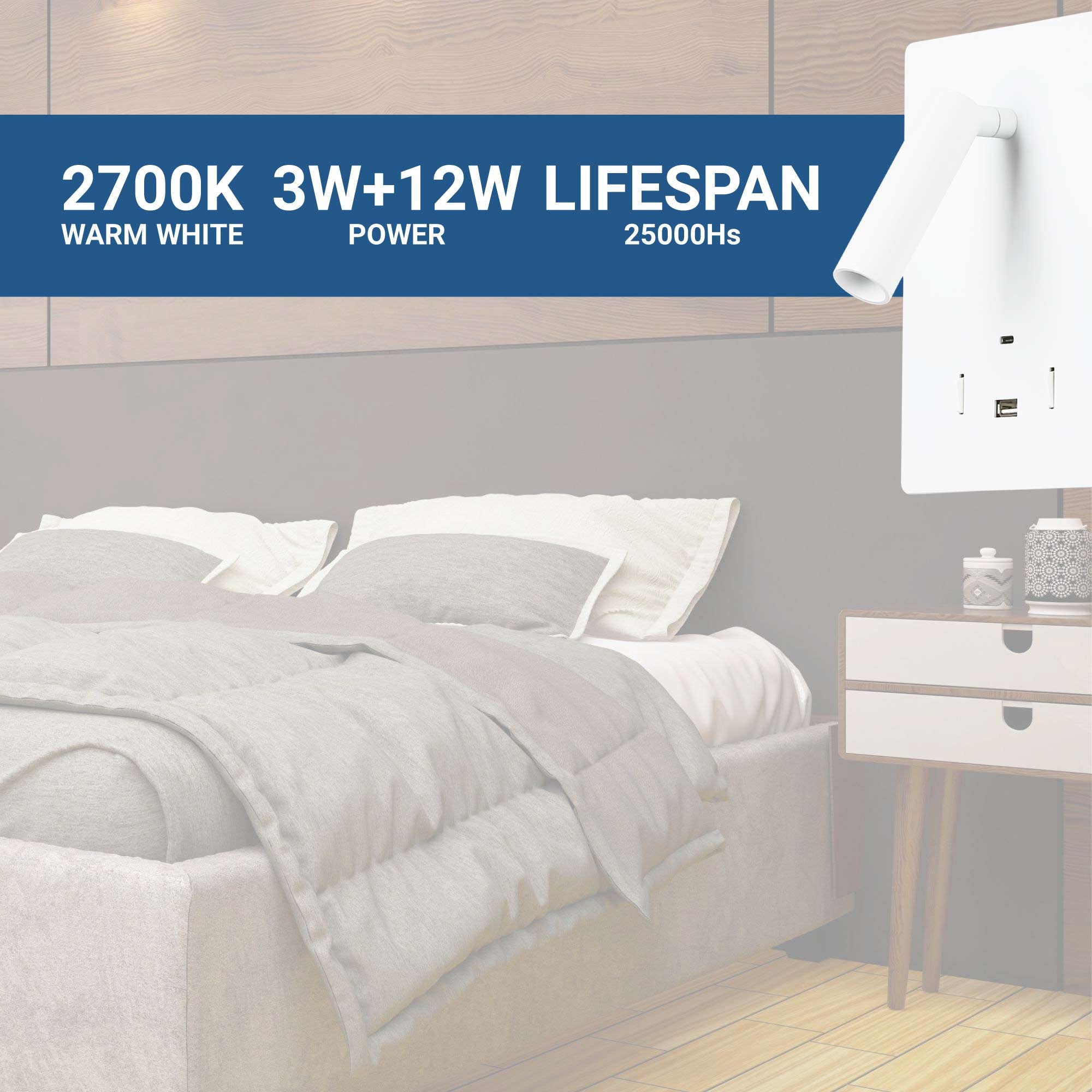 Aplique de pared "CLAUDI" - 3W + 12W - 2700K - USB+USB-C (7)