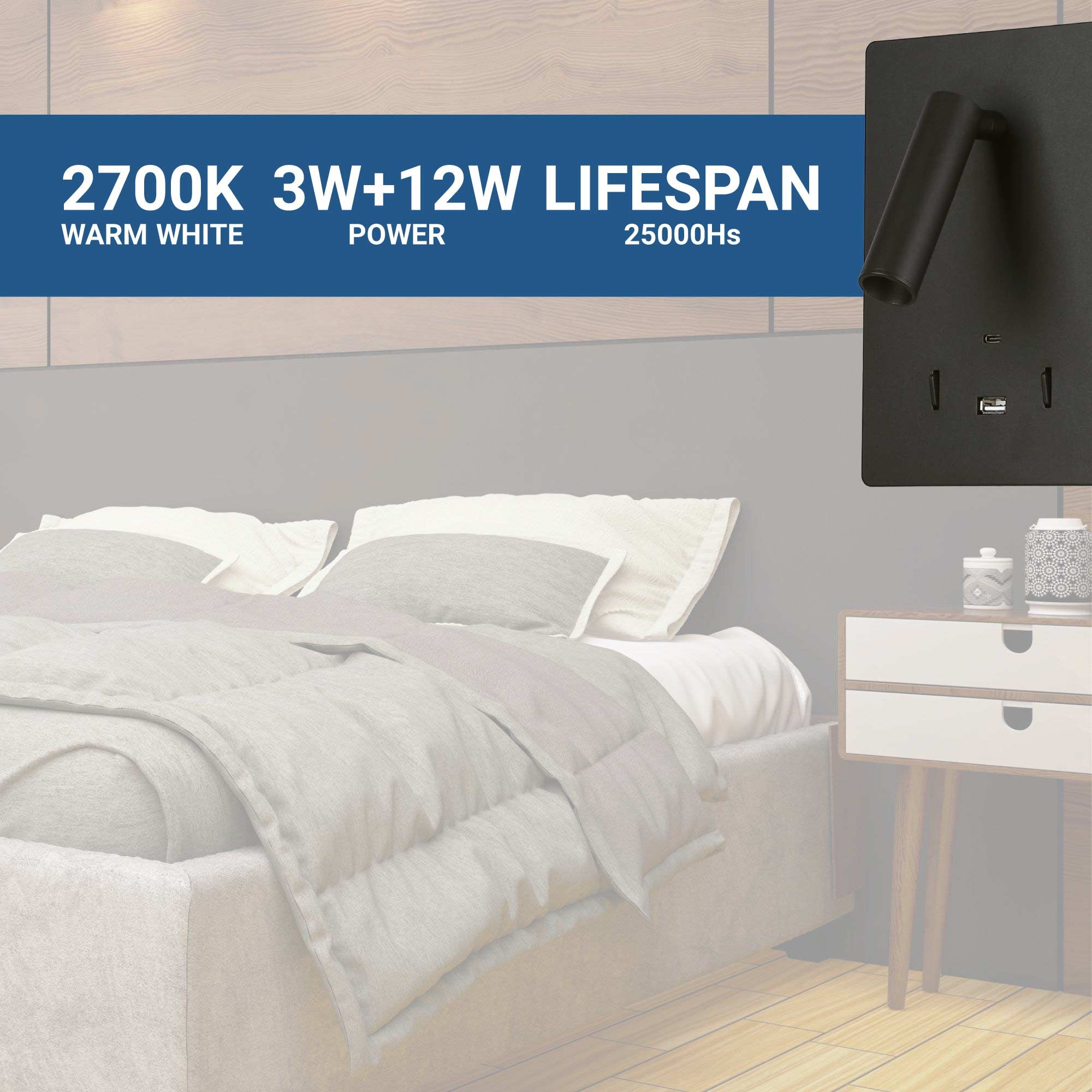 Aplique de pared "CLAUDI" - 3W + 12W - 2700K - USB+USB-C (31)