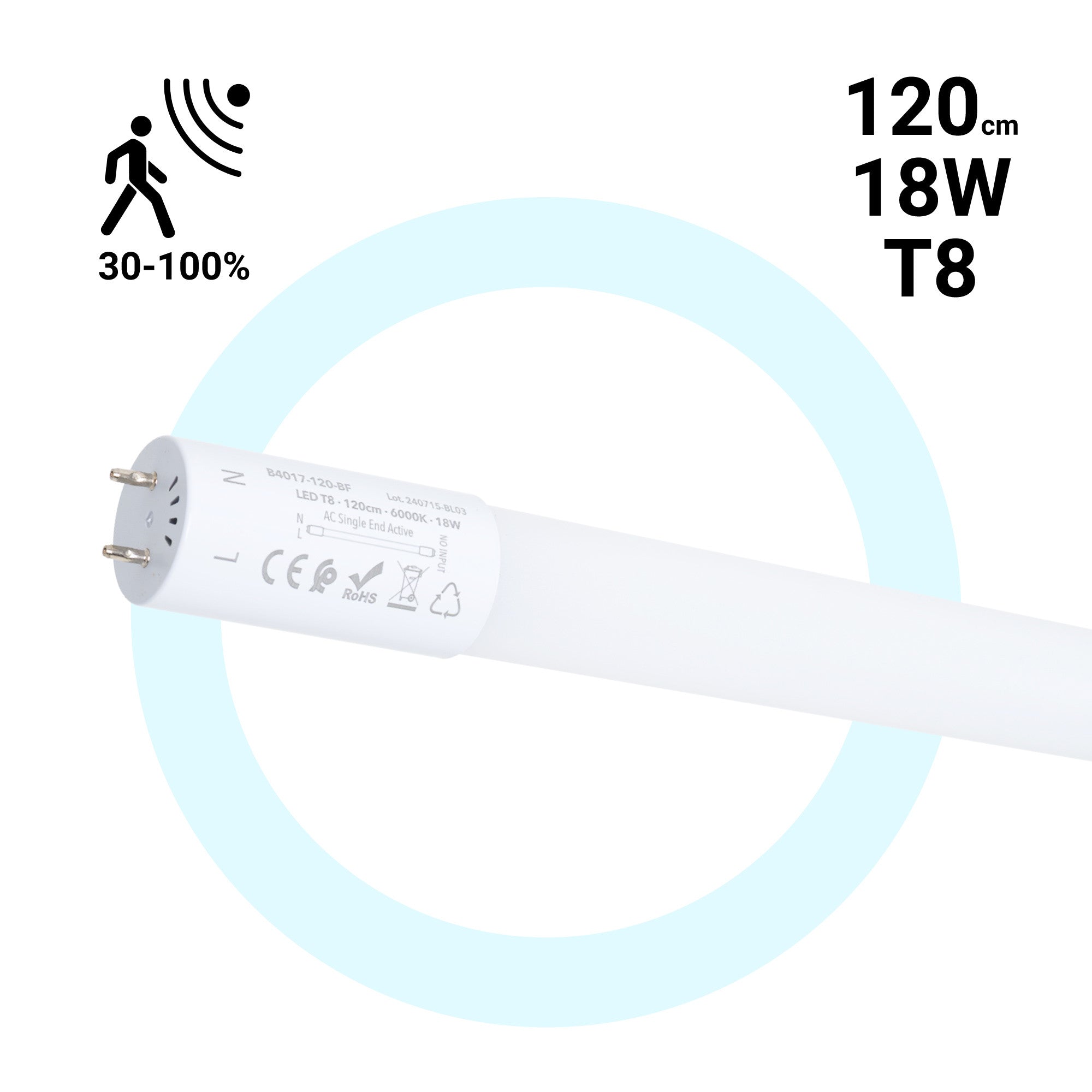 Tubo LED T8 con sensor de movimiento microondas 30-100% - 18W - 120 cm - 6000K