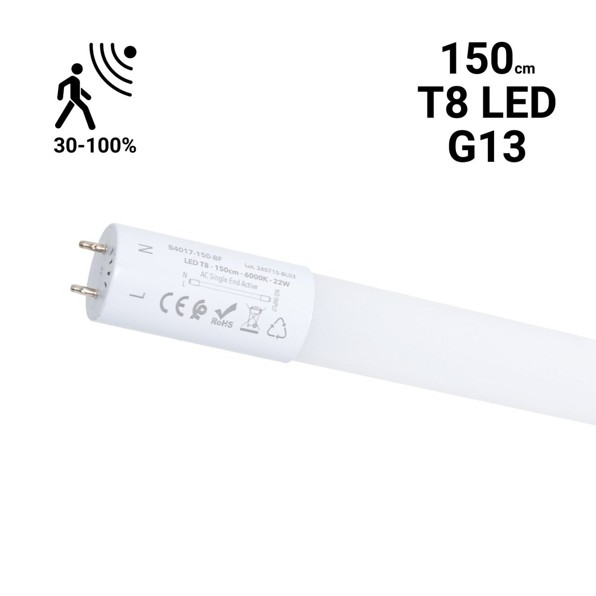 Tubo LED T8 con sensor de movimiento microondas 30-100% - 22W - 150 cm - 6000K - Barcelona Led-