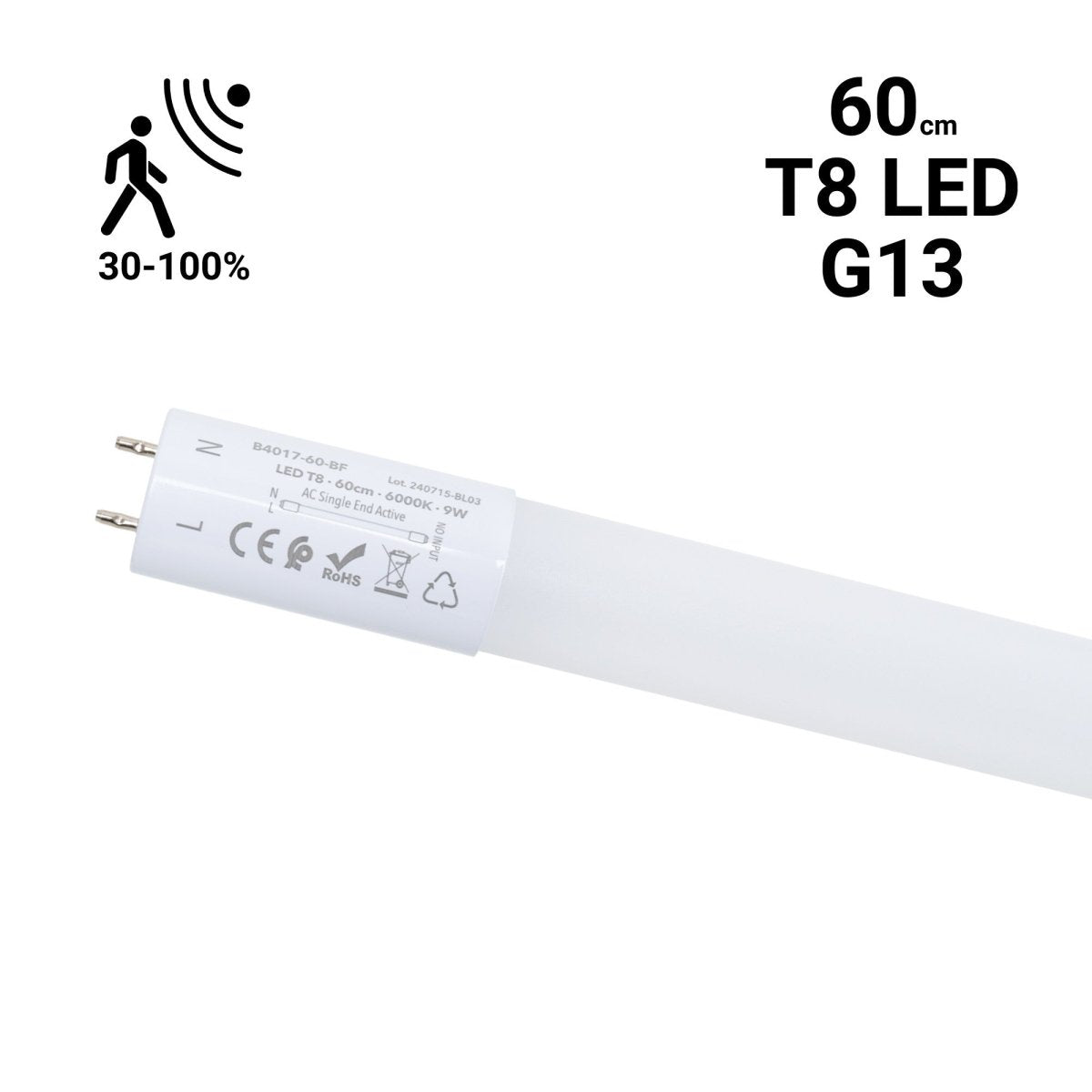 Tubo LED T8 con sensor de movimiento microondas 30-100% - 9W - 60 cm - 6000K - Barcelona Led-