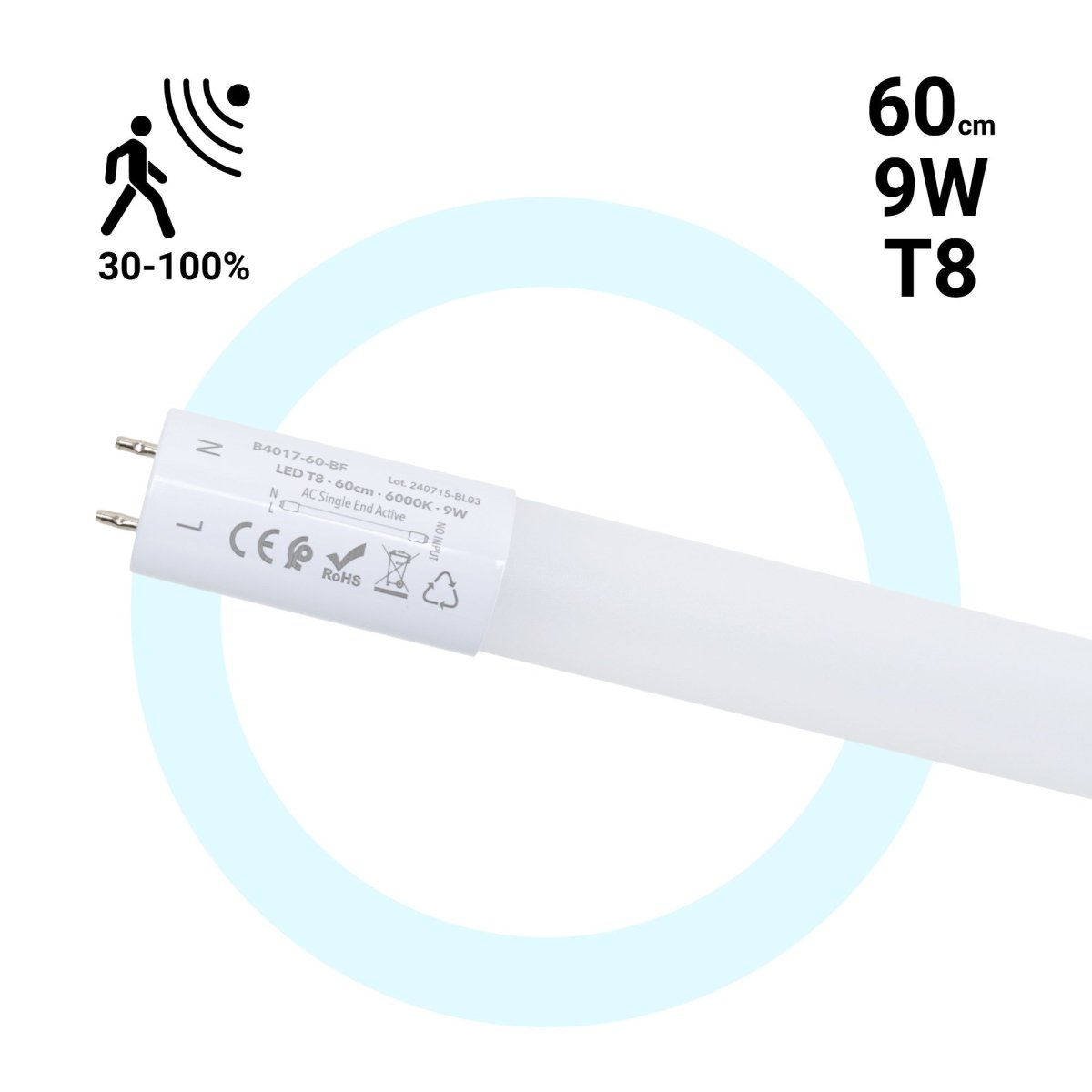 Tubo LED T8 con sensor de movimiento microondas 30-100% - 9W - 60 cm - 6000K - Barcelona Led-