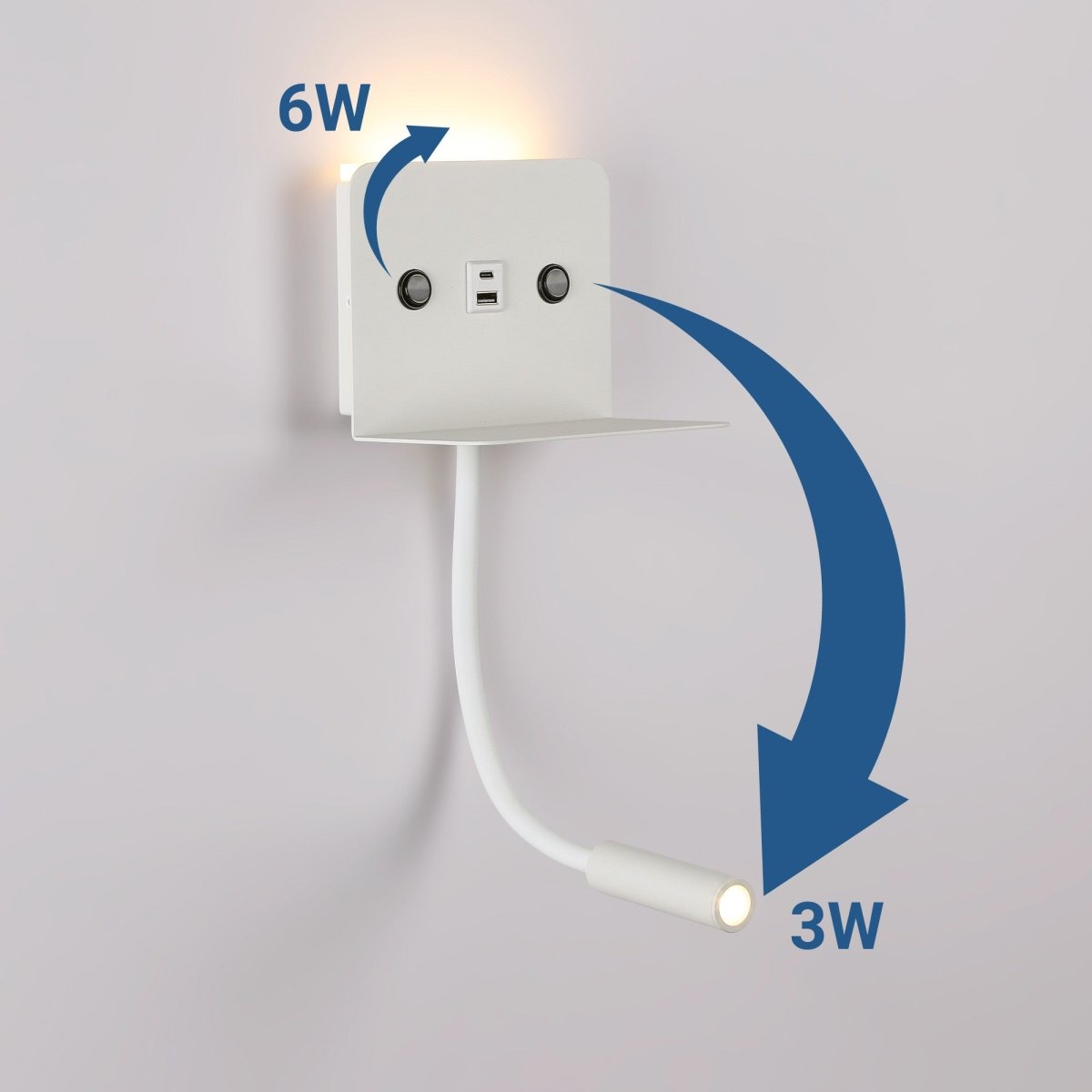 Aplique de pared para lectura "SLANGE 2" - 3W + 6W - Puerto USB + USB-C (4)