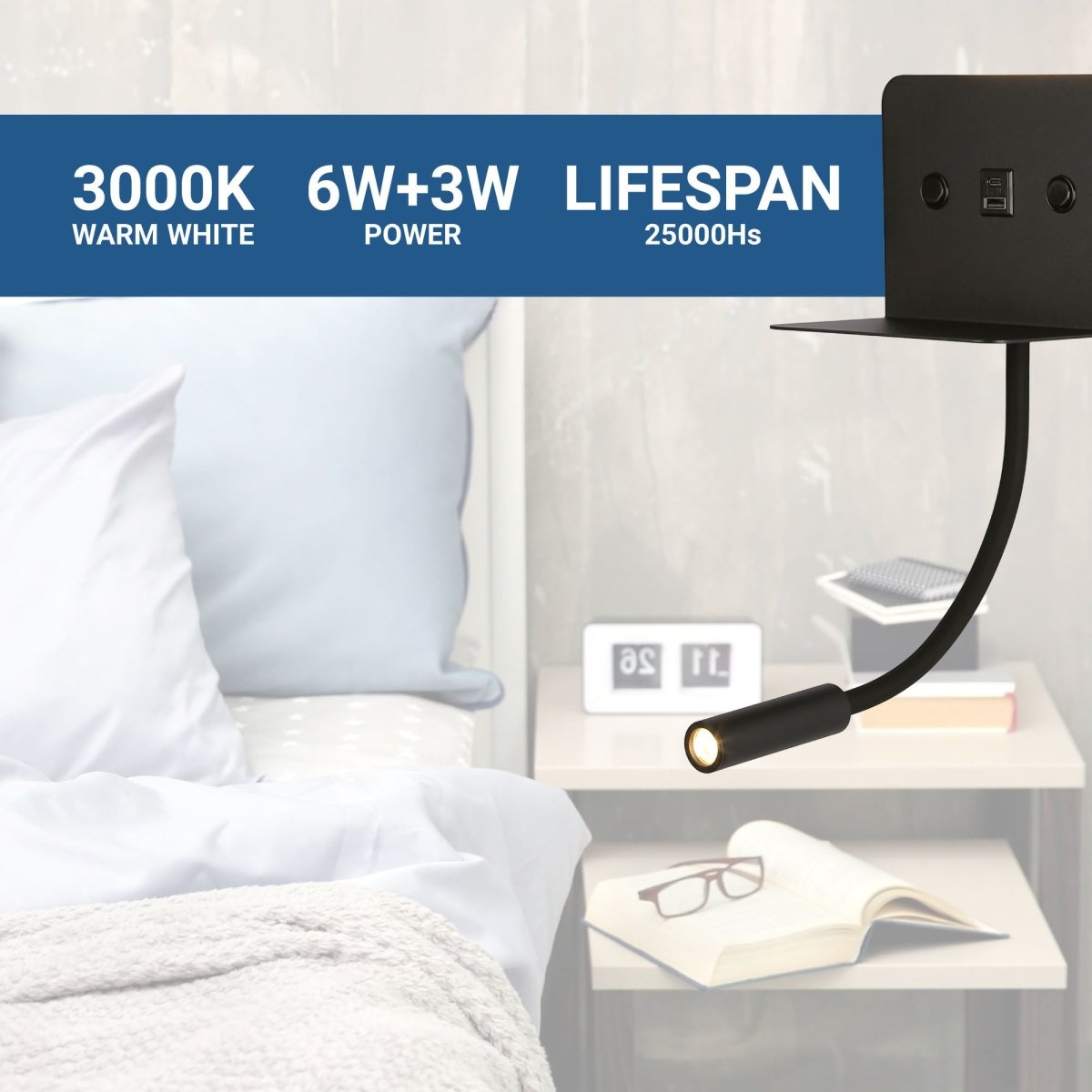 Aplique de pared para lectura "SLANGE 2" - 3W + 6W - Puerto USB + USB-C (18)