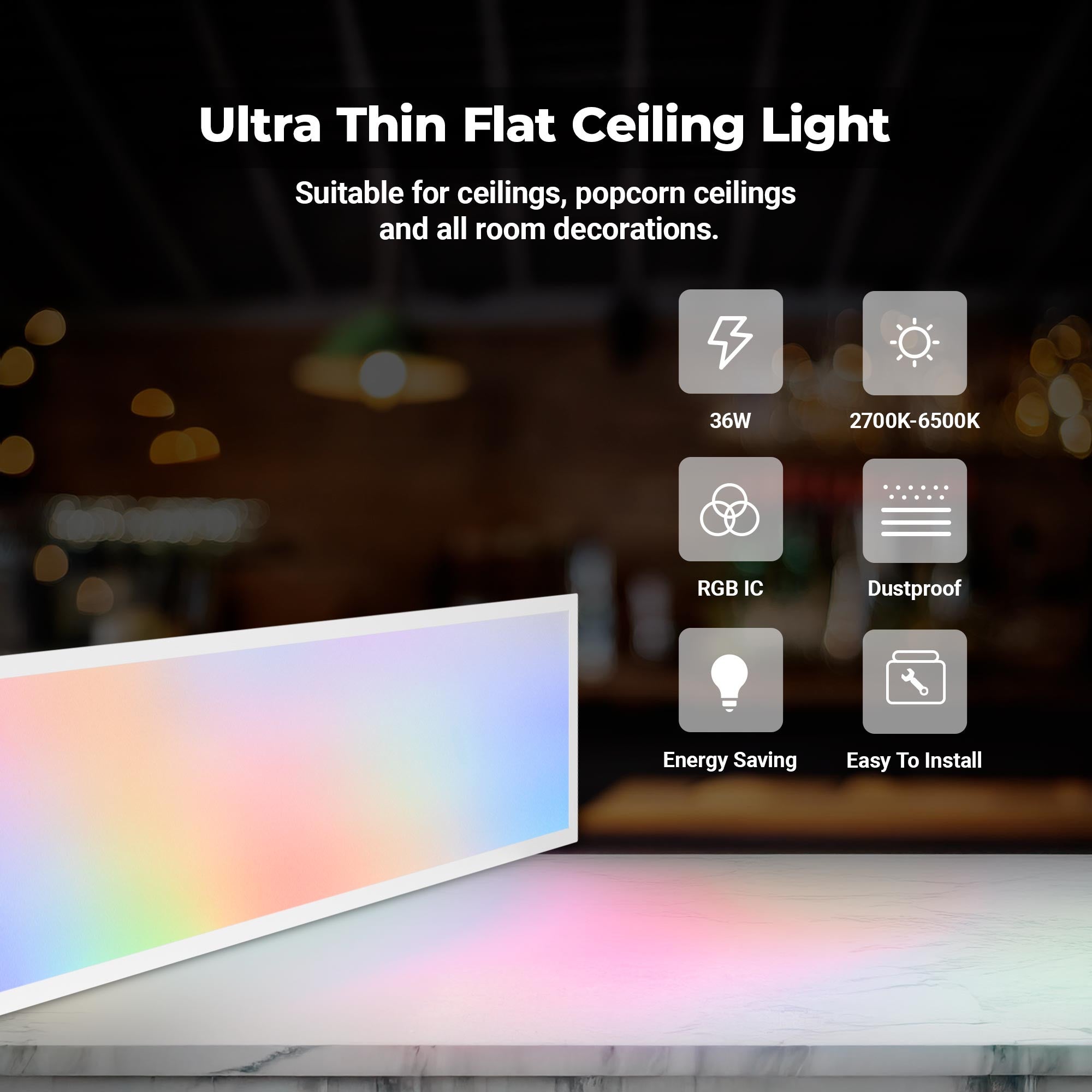 Plafón de techo LED Backlight - 120x30cm - 36W - CCT + RGB IC - Con mando a distancia (24)