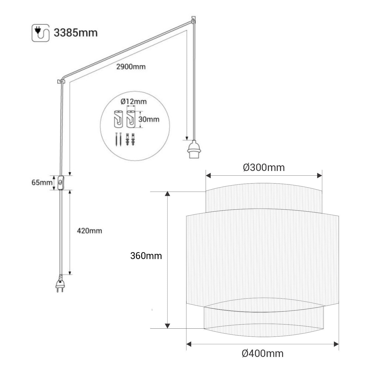 Lámpara colgante de yute "RAWA" con interruptor y enchufe - E27 (43)