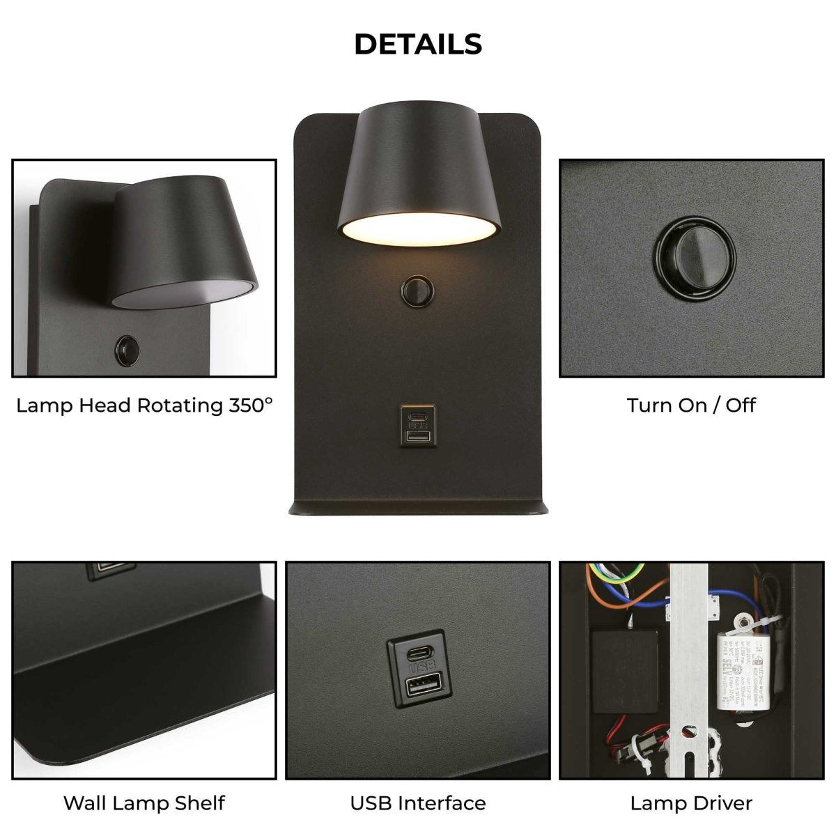 Aplique de pared para lectura "BASKOP" - Puerto USB + USB-C - 6W - Barcelona Led-Decoración