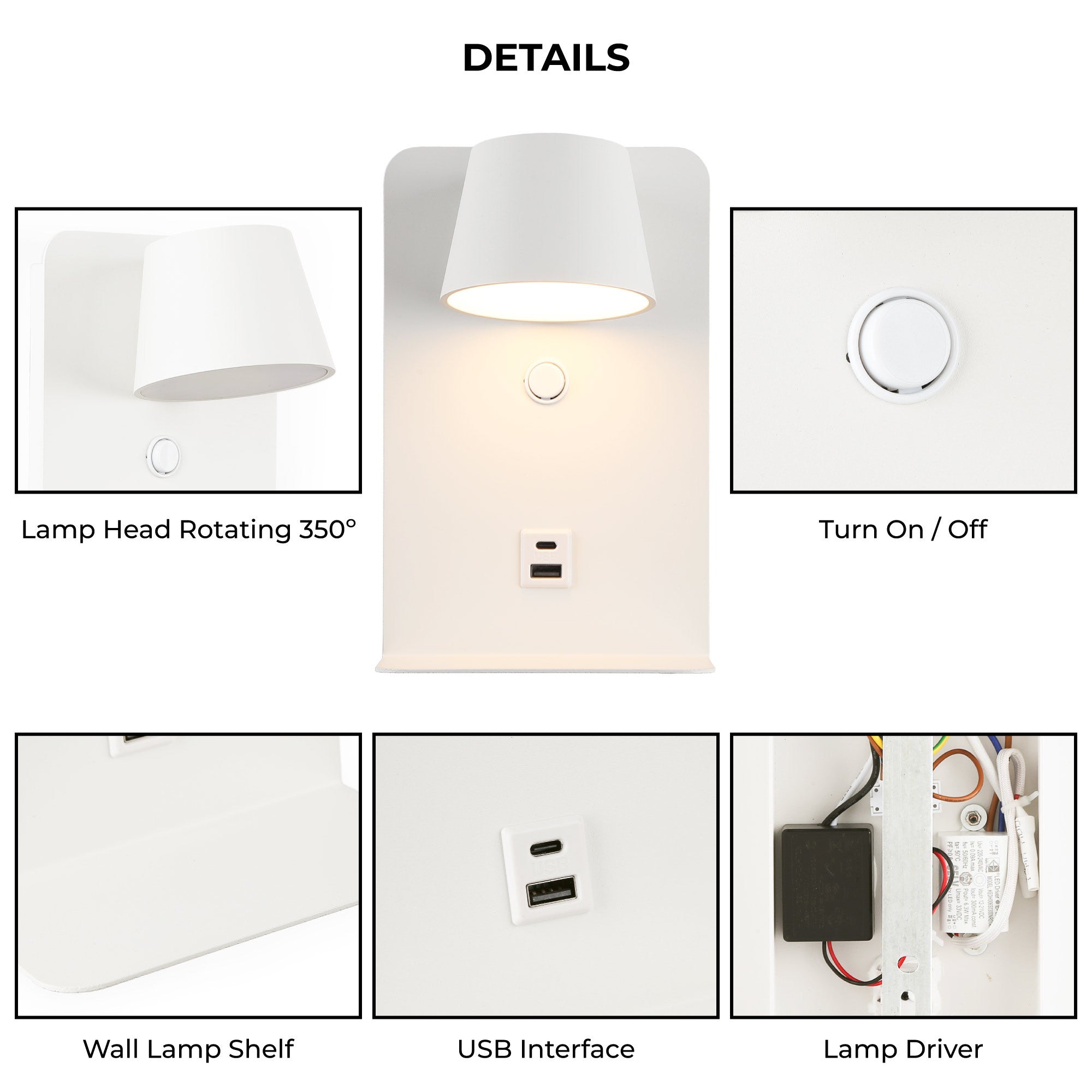 Aplique de pared para lectura "BASKOP" - Puerto USB + USB-C - 6W (82)
