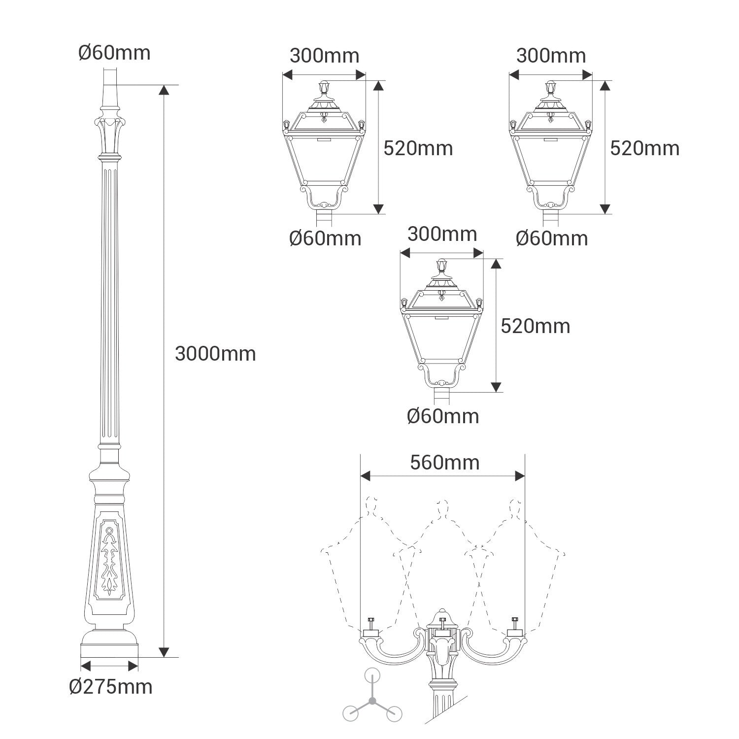 Poste de luz exterior Triple Farola "TOBIA" Fumagalli - CCT - 3 x 30W - 8 opciones - E27 (7)