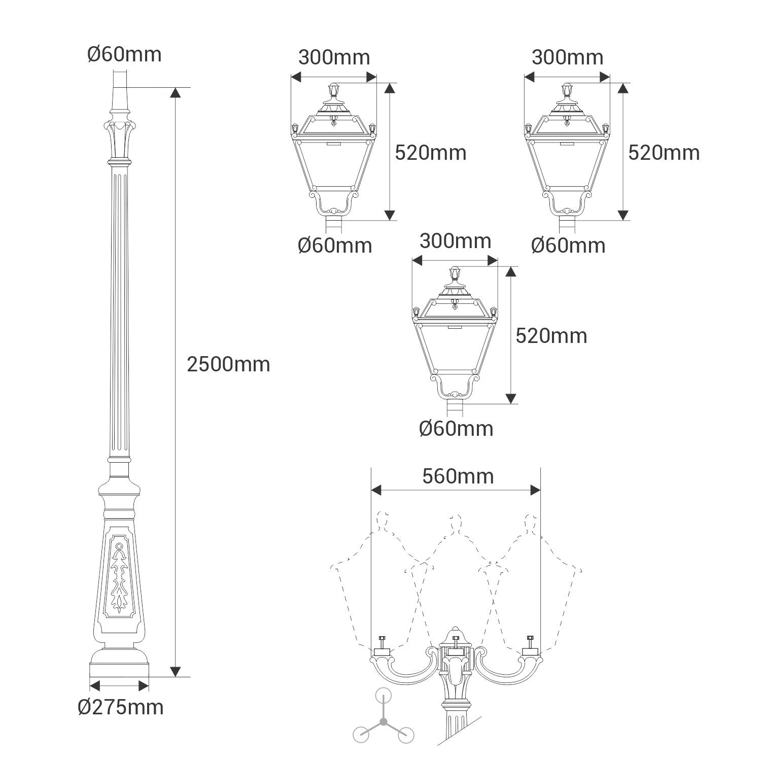Poste de luz exterior Triple Farola "TOBIA" Fumagalli - CCT - 3 x 30W - 8 opciones - E27 (8)