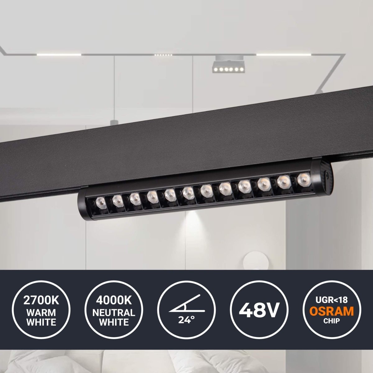 Foco lineal orientable para carril magnético 48V- 12W - Chip OSRAM - UGR18 - CRI90 - Barcelona Led-