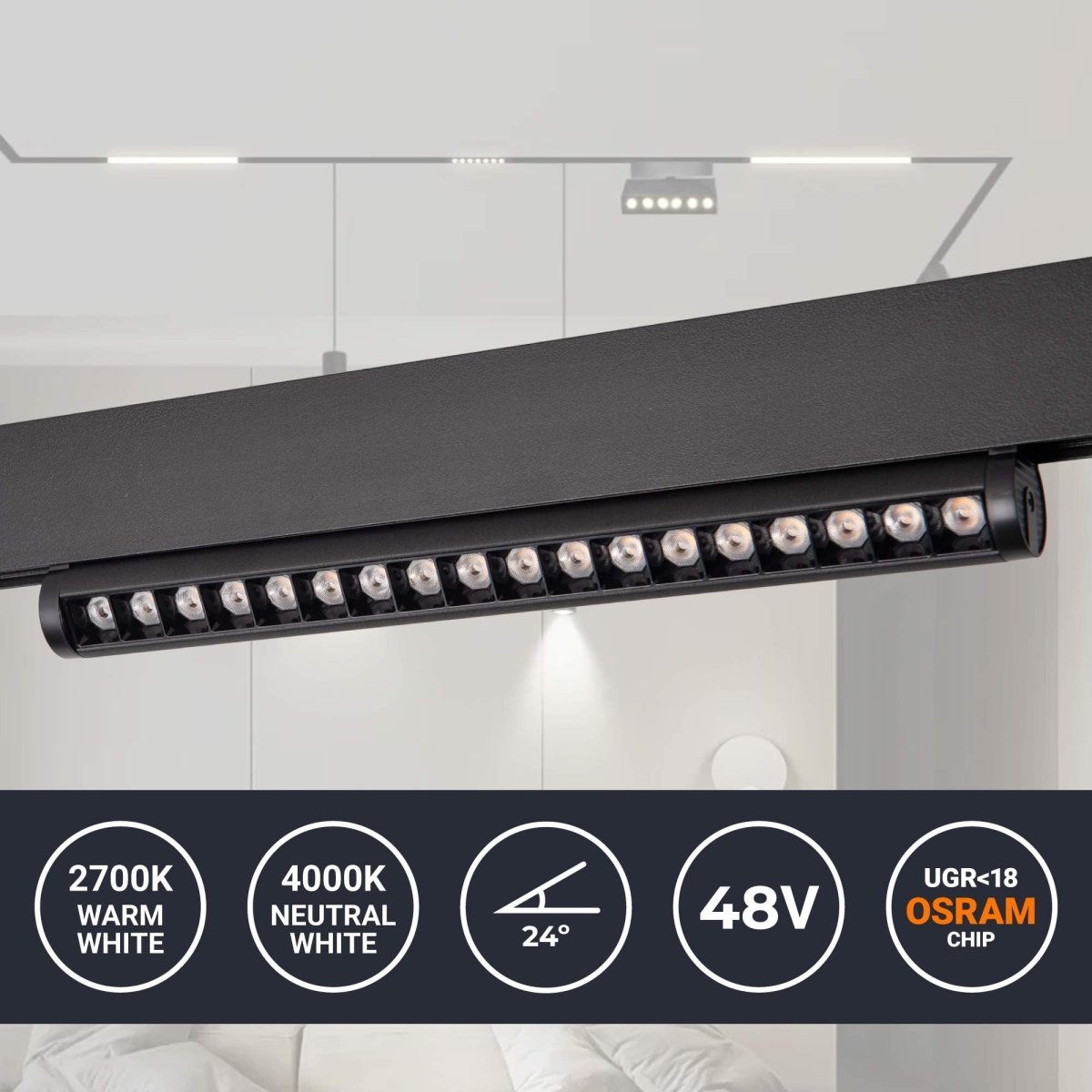 Foco lineal orientable para carril magnético 48V - 18W - Chip OSRAM - UGR18 - CRI90 - Barcelona Led-