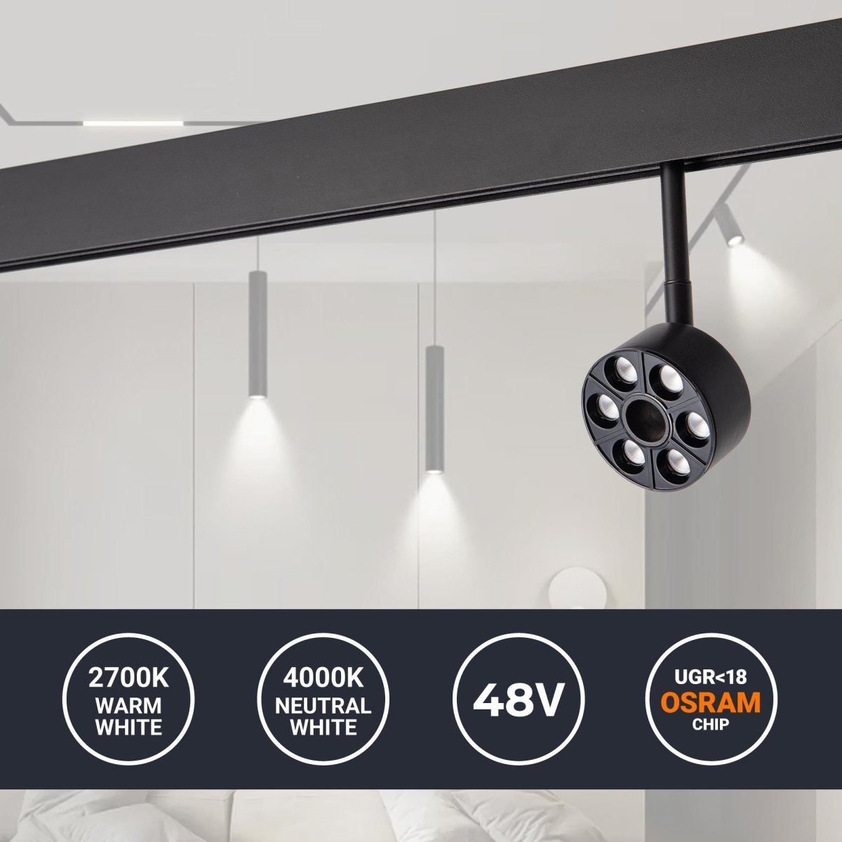 Luminaria circular LED para carril magnético 48V - Ø7cm - 6W - CRI90 - UGR18 - OSRAM - Barcelona Led-