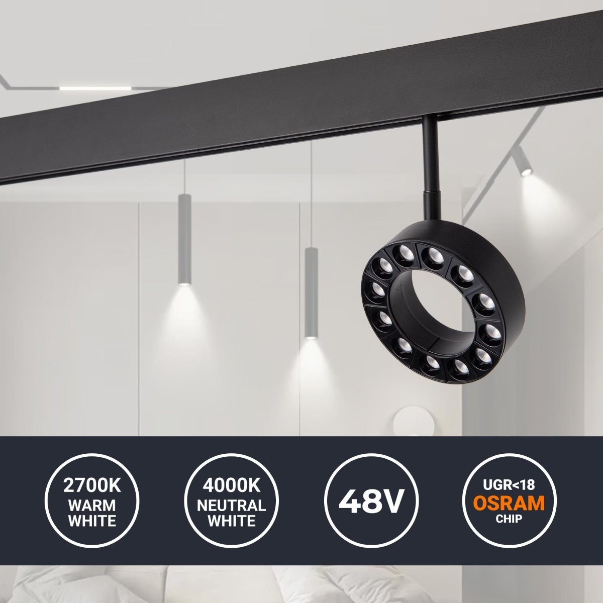 Luminaria circular LED para carril magnético 48V - Ø11,5cm - 12W - CRI90 - UGR18 - OSRAM - Barcelona Led-
