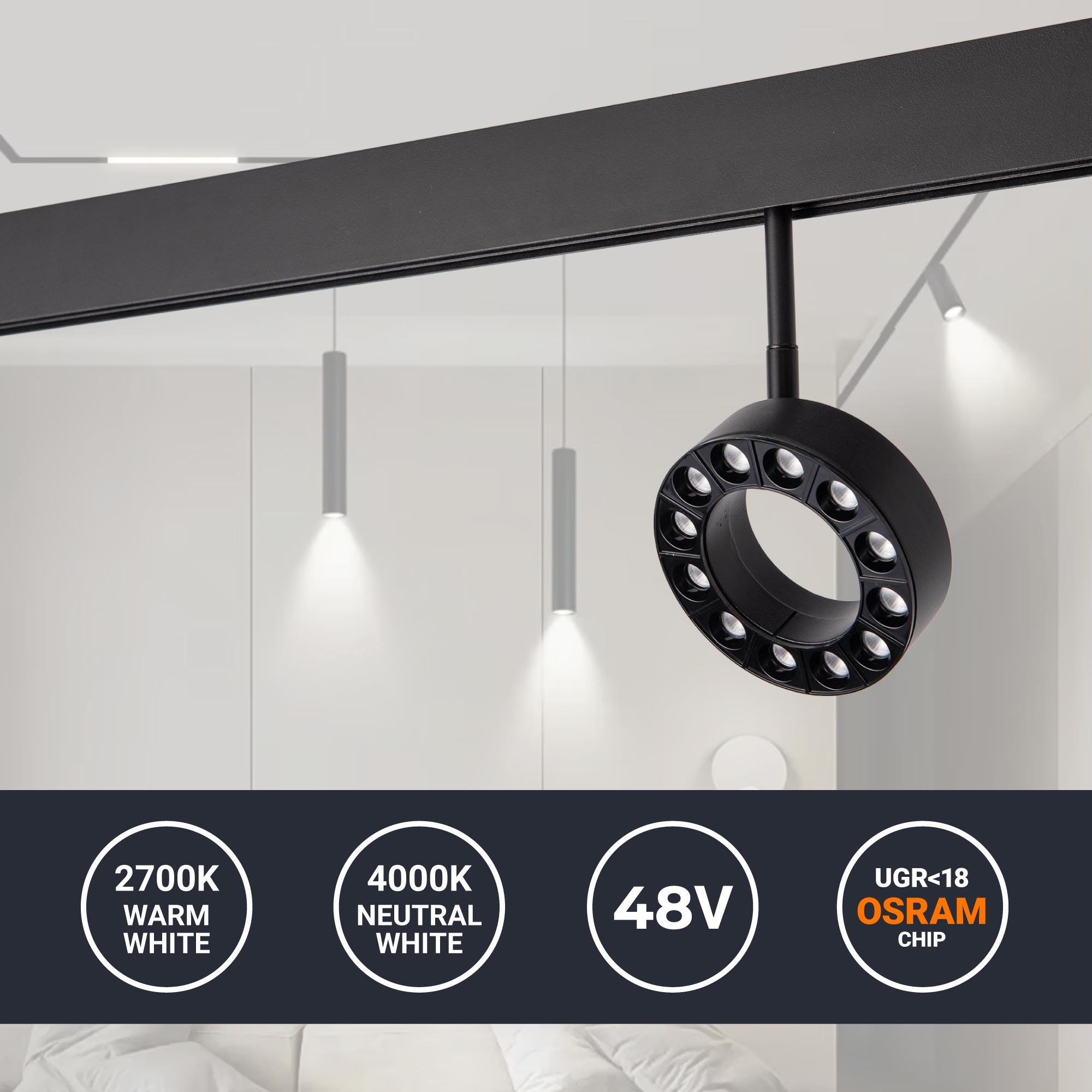 Luminaria circular LED para carril magnético 48V - Ø11,5cm - 12W - CRI90 - UGR18 - OSRAM (1)