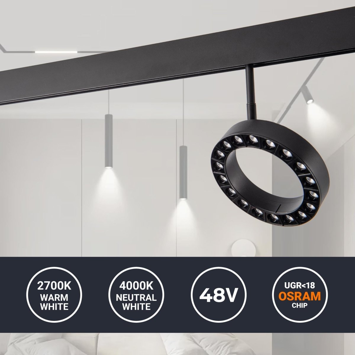 Luminaria circular LED para carril magnético 48V - Ø16cm - 18W - CRI90 - UGR18 - OSRAM - Barcelona Led-
