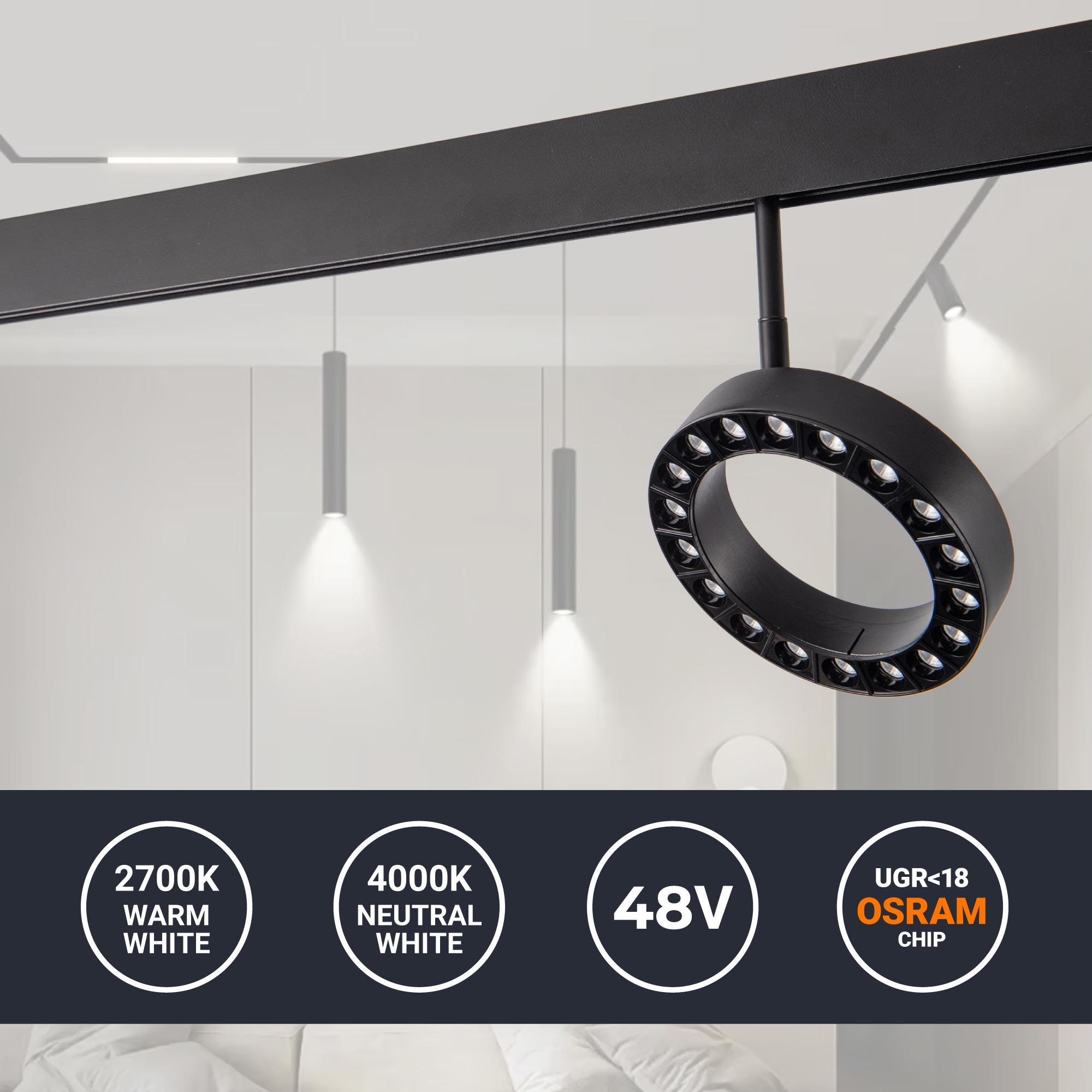 Luminaria circular LED para carril magnético 48V - Ø16cm - 18W - CRI90 - UGR18 - OSRAM (1)
