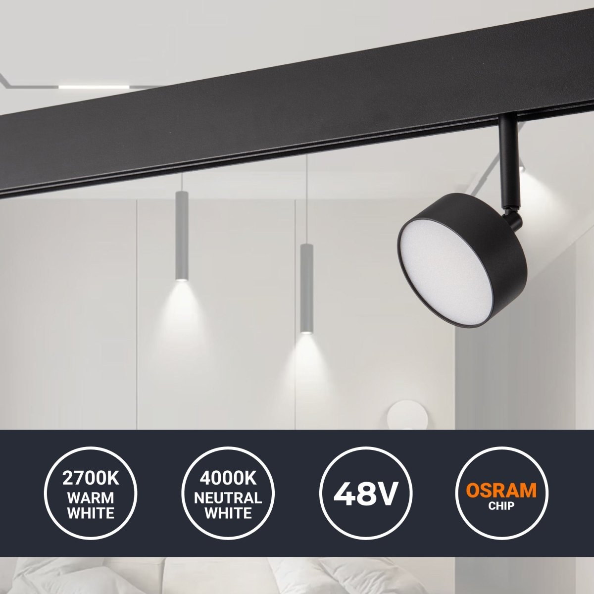 Luminaria circular LED para carril magnético 48V - 9W - Ø7.5cm - CRI90 - Chip OSRAM - Barcelona Led-