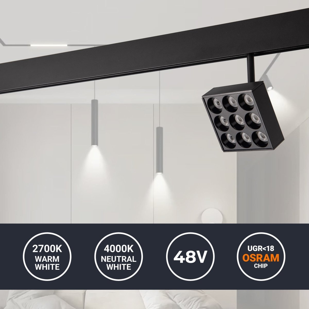 Luminaria cuadrada LED para carril magnético 48V - 9W - CRI90 - UGR18 - OSRAM - Barcelona Led-