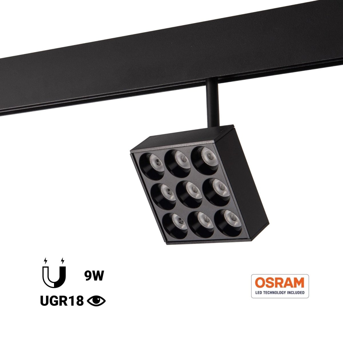 Luminaria cuadrada LED para carril magnético 48V - 9W - CRI90 - UGR18 - OSRAM - Barcelona Led-