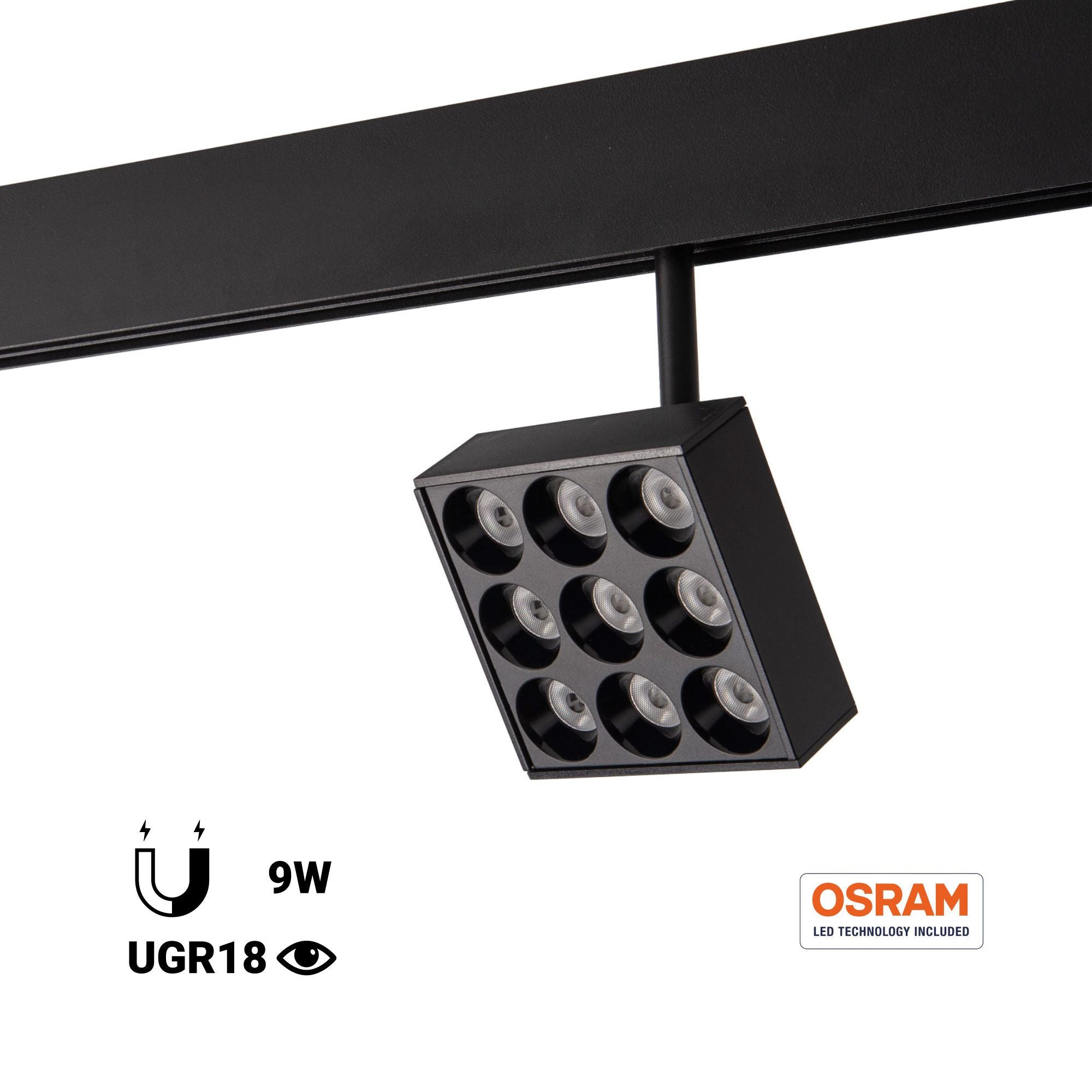 Luminaria cuadrada LED para carril magnético 48V - 9W - CRI90 - UGR18 - OSRAM