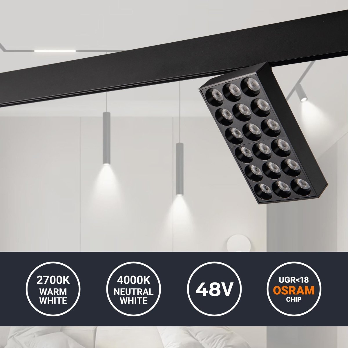 Luminaria cuadrada LED para carril magnético 48V - 18W - CRI90 - UGR18 - OSRAM - Barcelona Led-