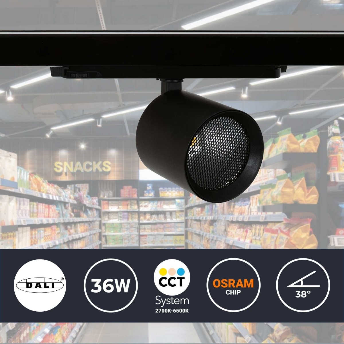 Proyector LED para carril trifásico 36W - DALI - CCT - CRI90 - Chip OSRAM - Barcelona Led-