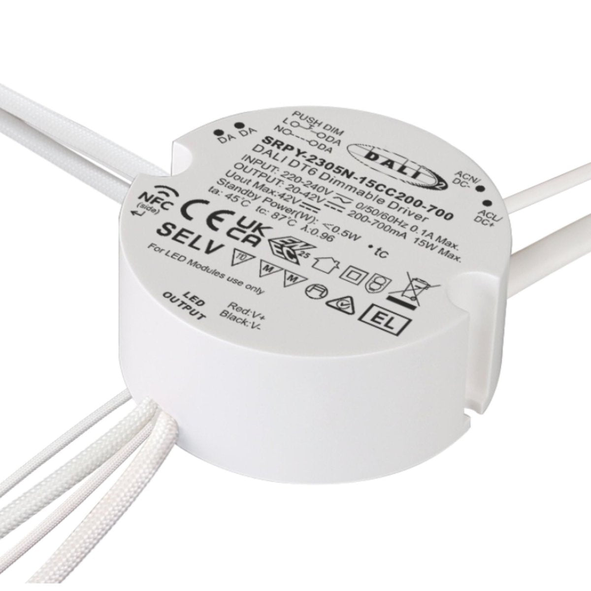 Driver regulable DALI DT6 NFC monocolor 220-240V - Salida 10-42V DC - 15W- 200-700mA - Barcelona Led-