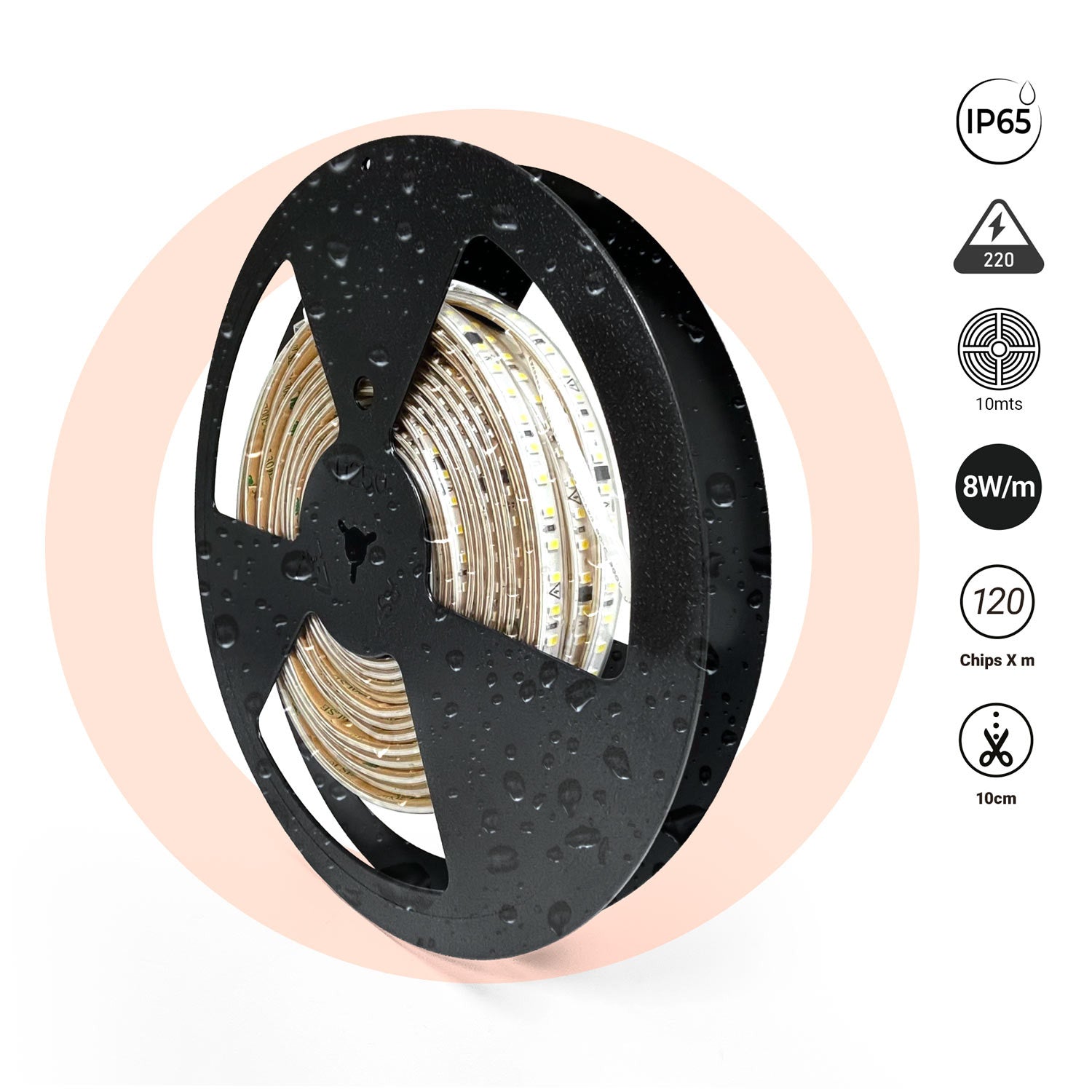 Tira LED 220V AC - Monocolor - 8W/m - 10mm - IP65 - 10 metros - 120ch/m (20)