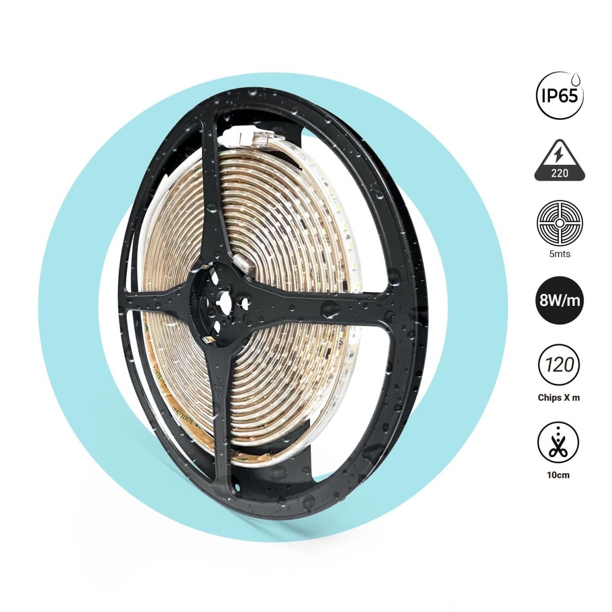 Tira LED 220V AC - Monocolor - 8W/m - 10mm - IP65 - 5 metros - 120ch/m - Barcelona Led-